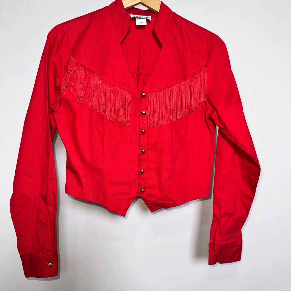 Banjo Dallas Texas Red Western Fringe Cropped Shirt Women Medium Style 1371 USA
